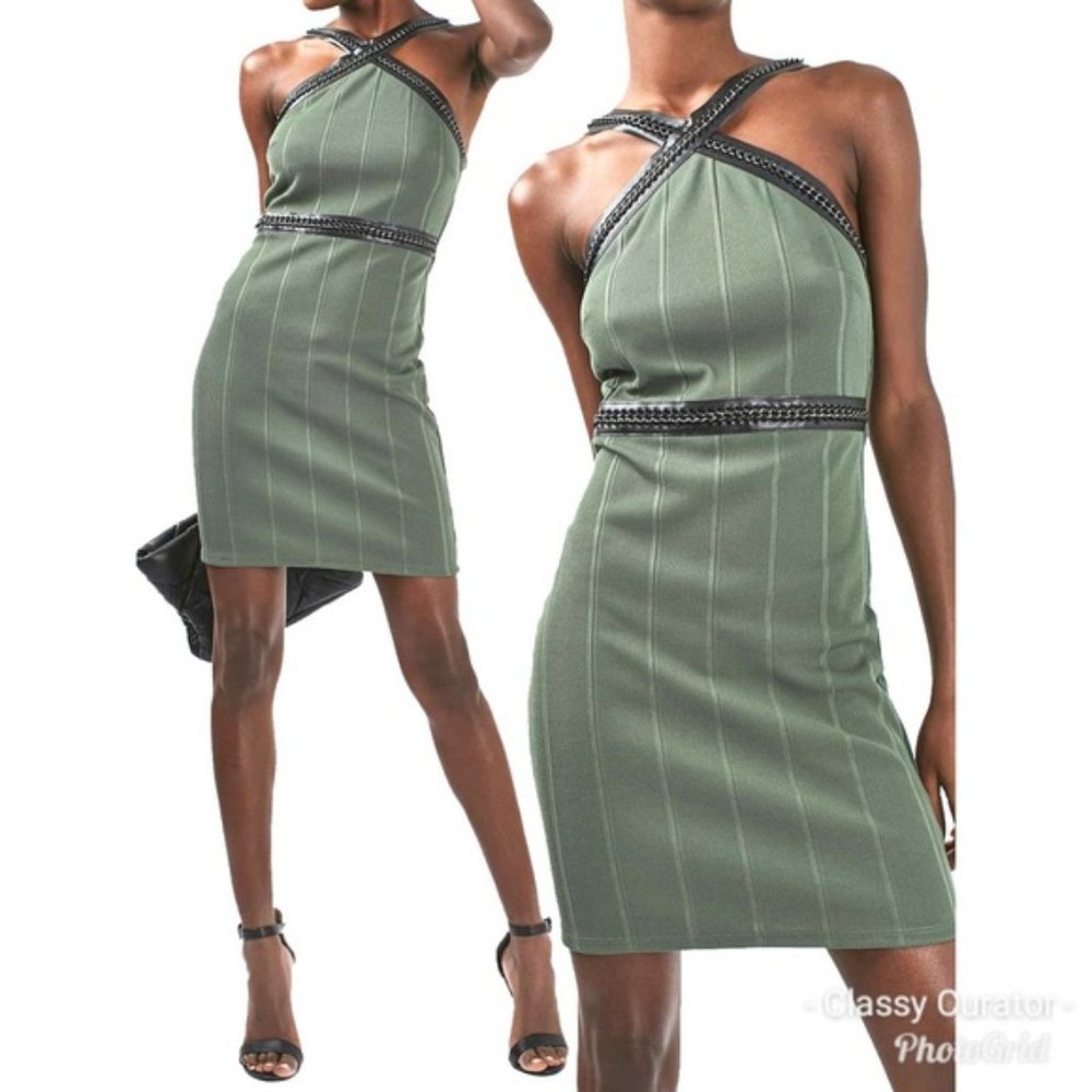 Topshop Olive Green Cross Neck Chain Bodycon Dress, Size 4, NWT